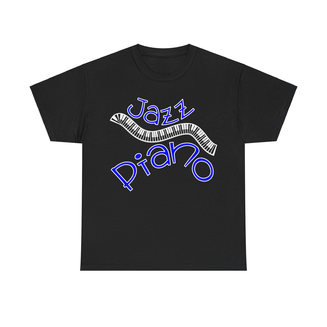 Graphic t-shirt design featuring a curved piano keyboard with the words &