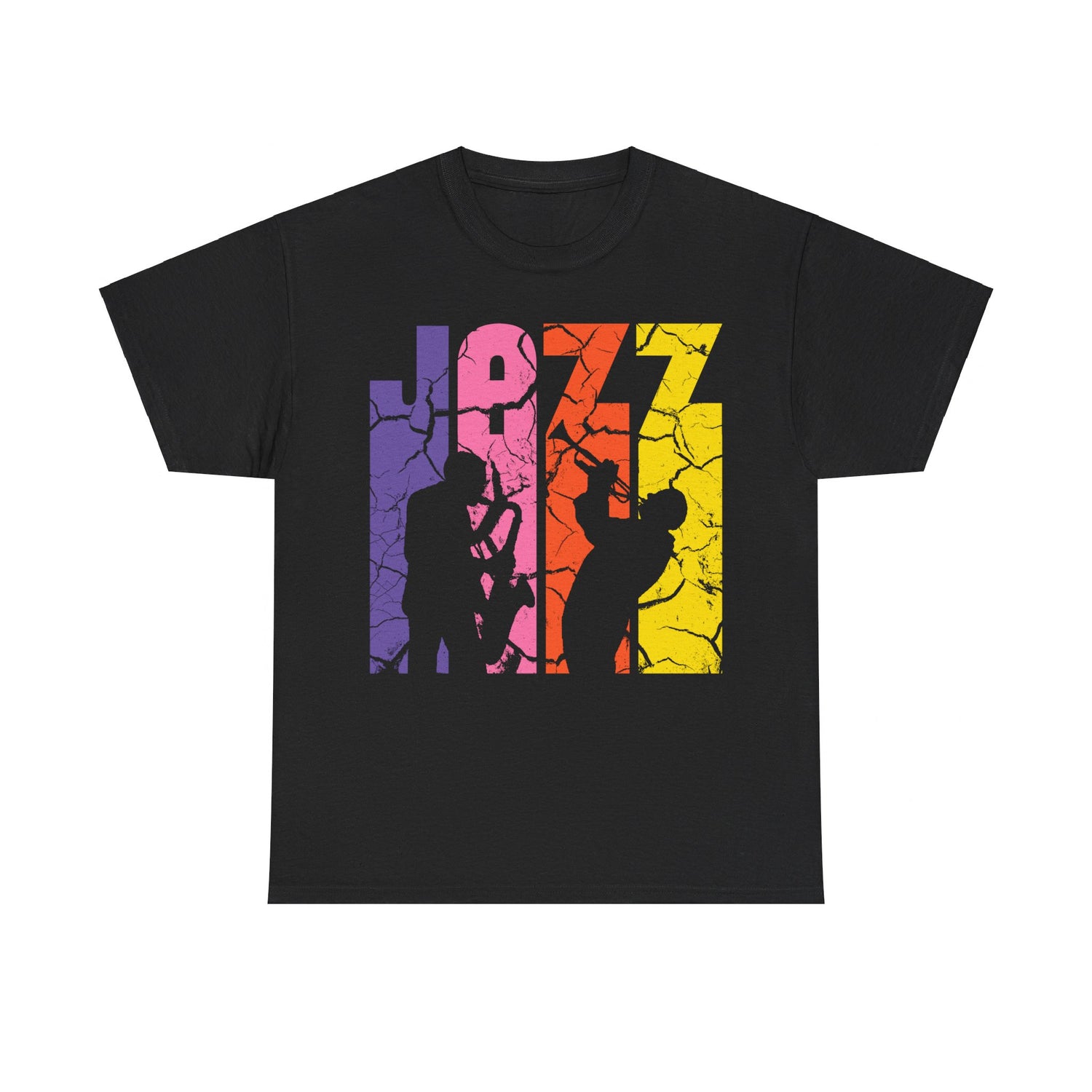 Distressed grunge style jazz inspired t shirt with multi colored text overlaid with two jazz musicians