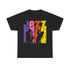 Distressed grunge style jazz inspired t shirt with multi colored text overlaid with two jazz musicians