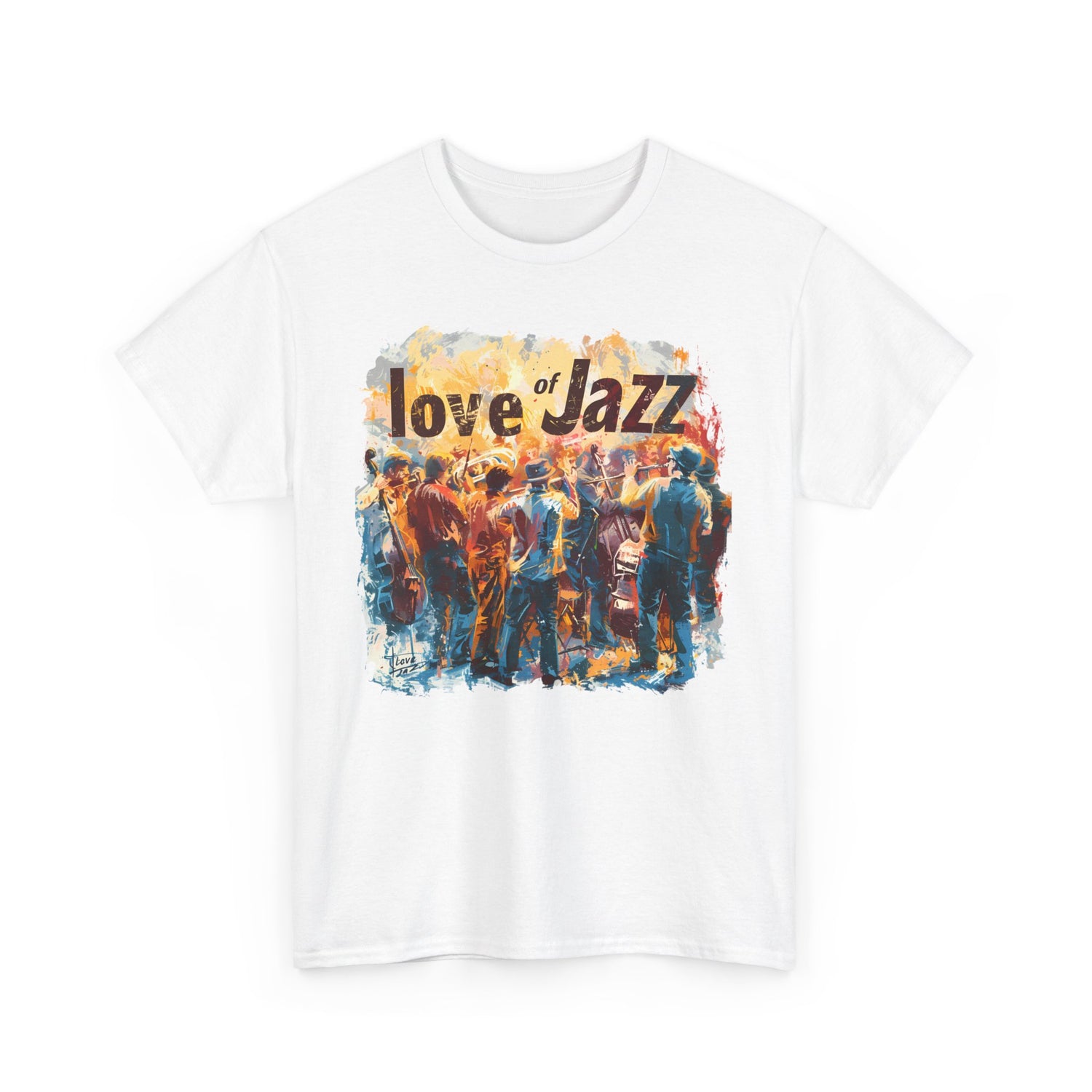 A black or white t shirt with a jazz musicians ensemble with the words ‘Love of Jazz’ over the image.