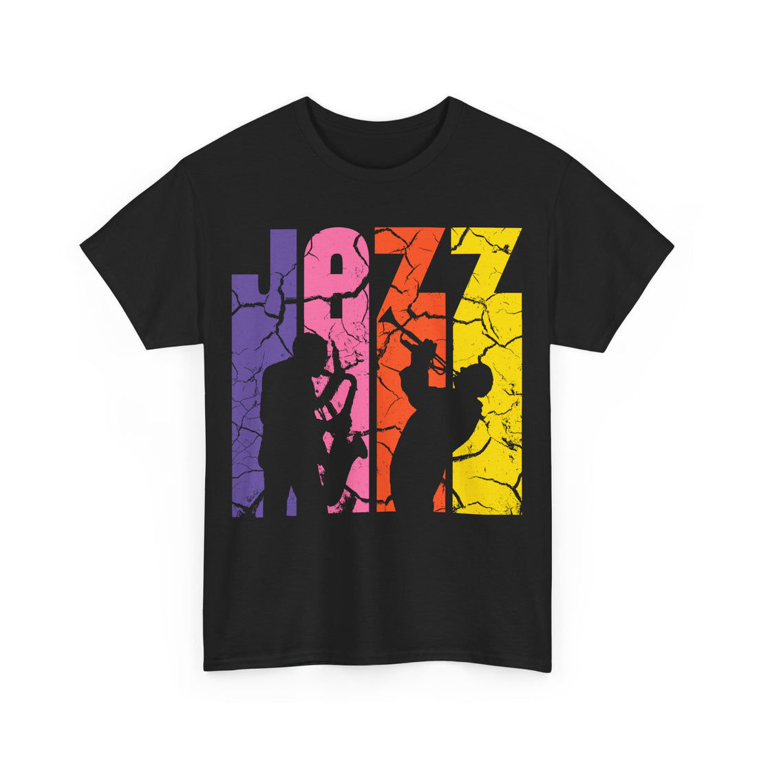 Distressed grunge style jazz inspired t shirt with multi colored text overlaid with two jazz musicians