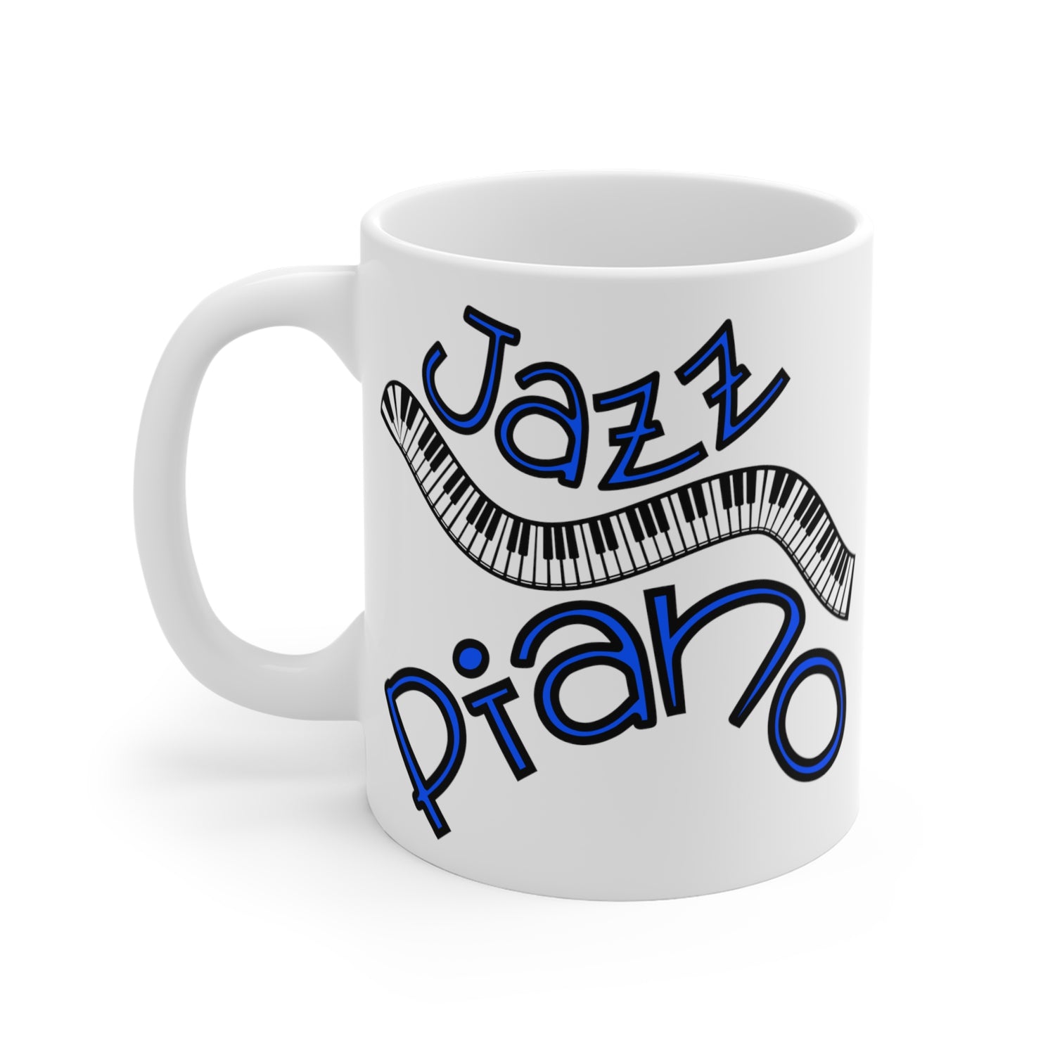 A white coffee mug with the image of a curved keyboard with text saying ‘JAZZ PIANO’