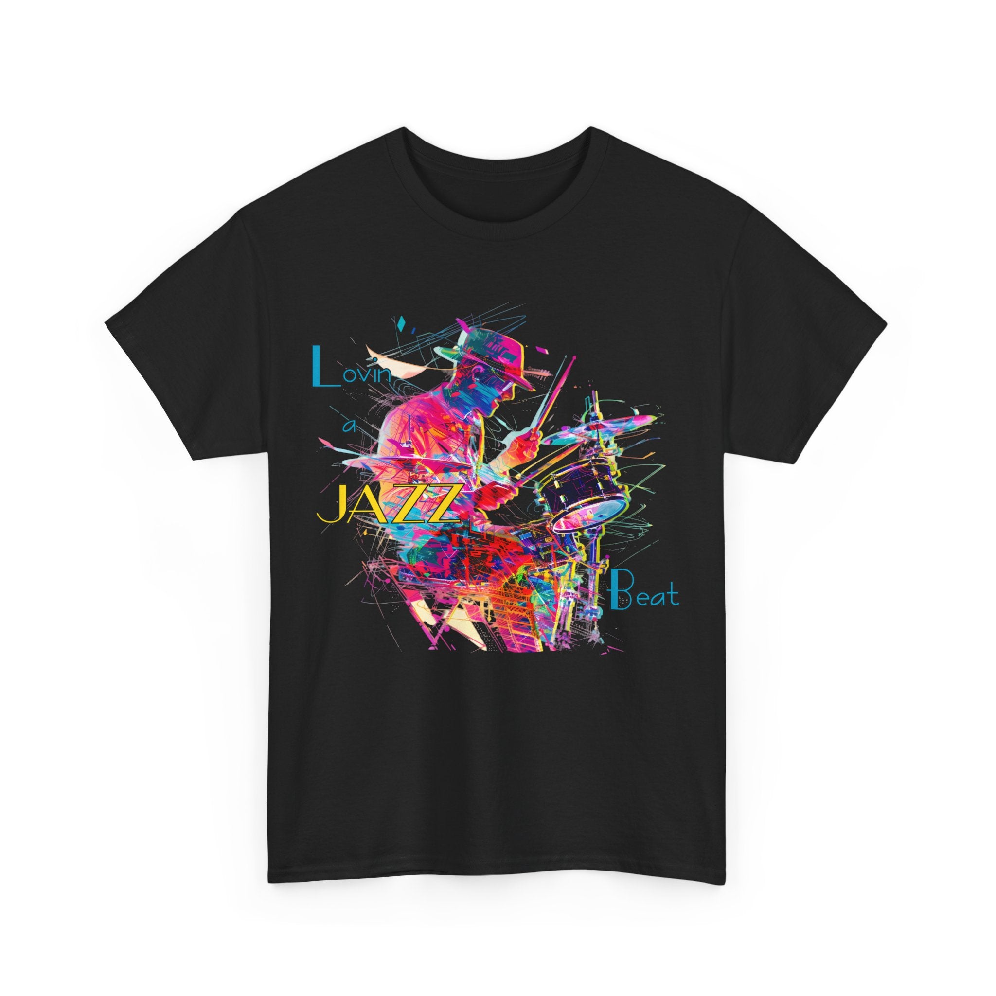 A black or white t shirt with an image of a jazz drummer in vibrant colors. The accompanying text states ‘Lovin a Jazz Beat’