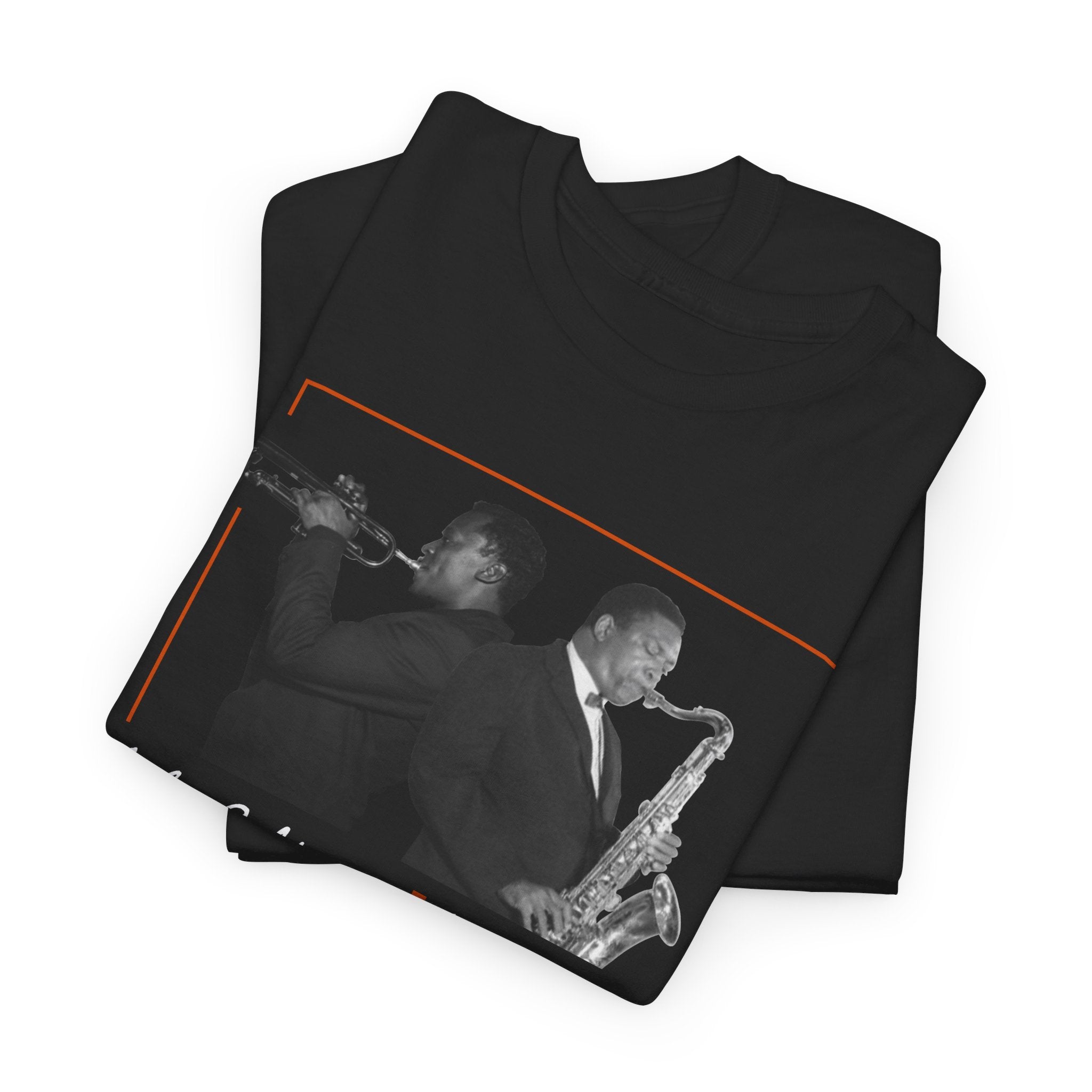 A black tee shirt with a photographic image of Miles Davis &amp; John Coltrane