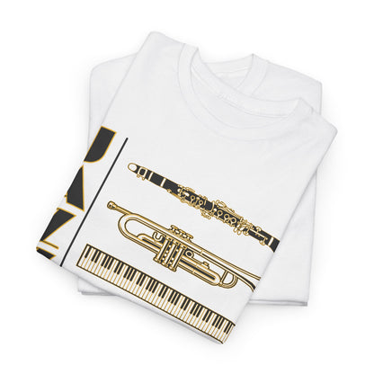 Jazz musical instruments t shirt in various colors with text saying ‘JAZZ’