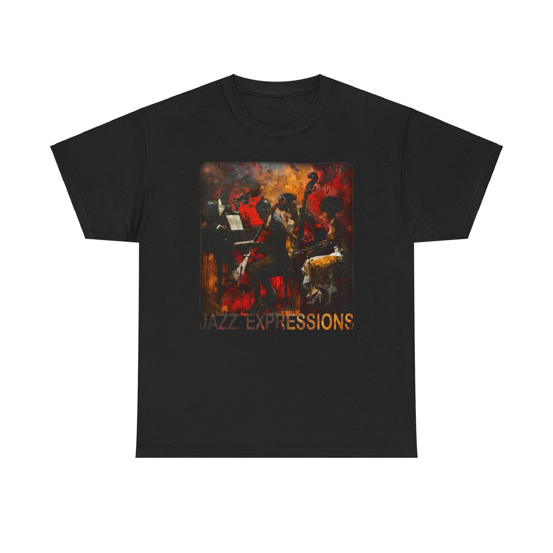 Black t shirt with painting of a classic jazz band. With the words &