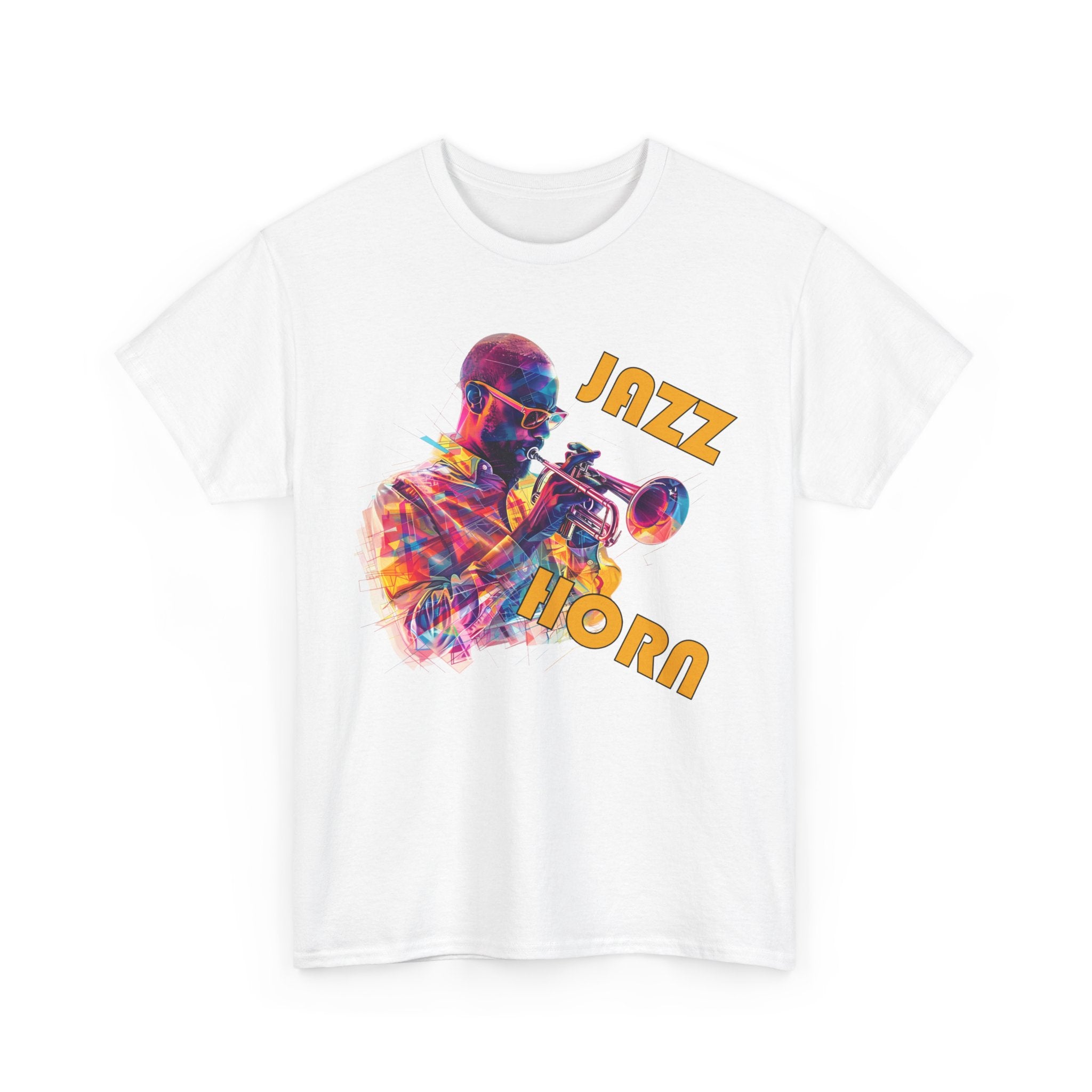 A black or white t shirt with a trumpet player in a multi colored image. The words across the image say ‘Jazz Horn’