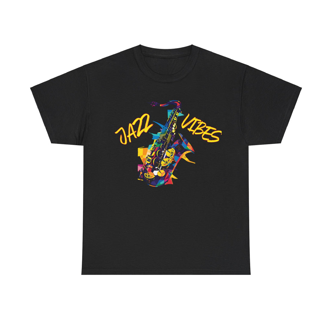 A black t shirt with an image of a saxophone. The words ‘Jazz Vibes’ integrated into the image.