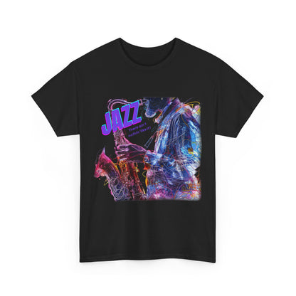 A black or white t shirt depicting a saxophone player in a multi colored design. The additional text states ‘JAZZ, There Ain’t Nothin’ Like It’