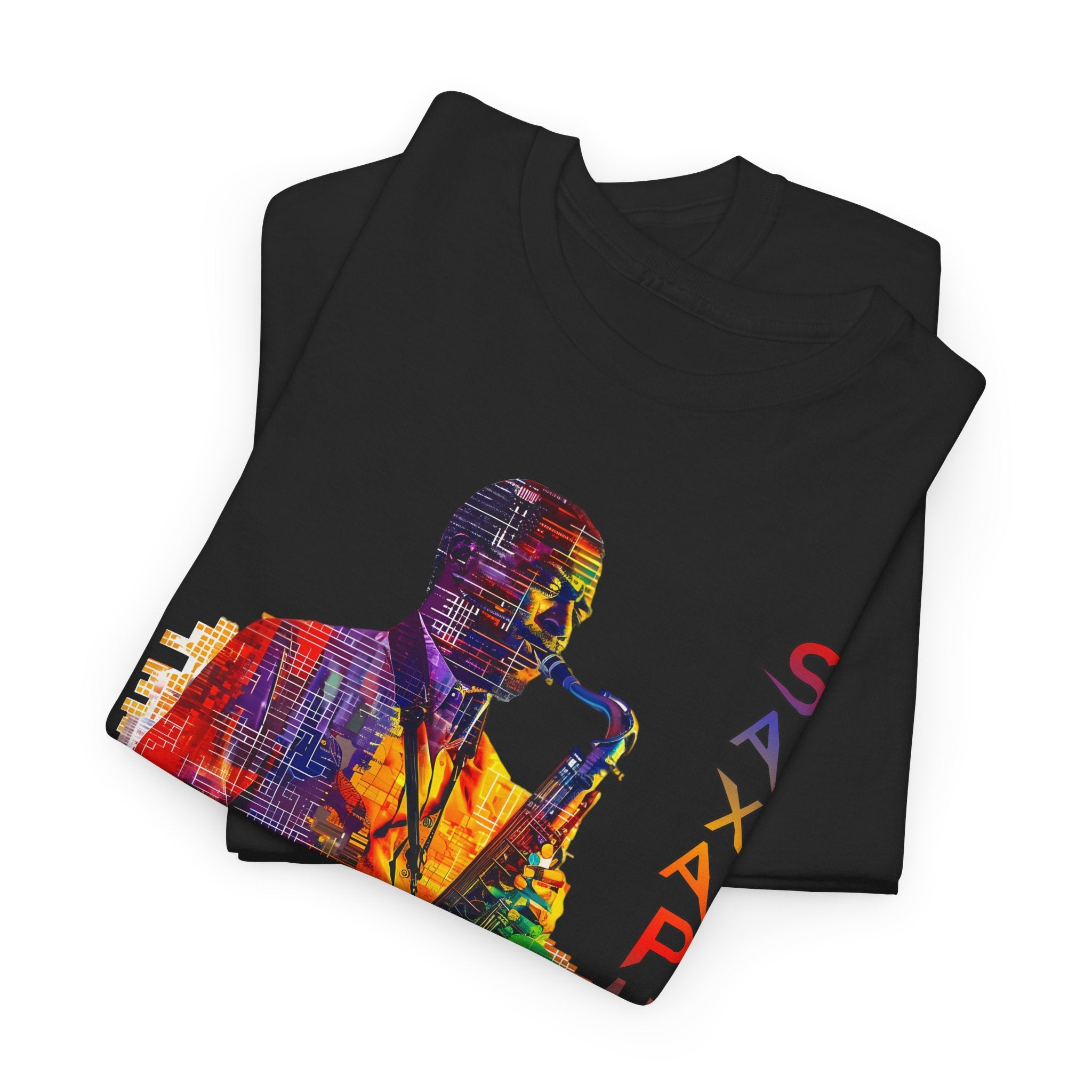 A black t shirt with a saxophone player image in multiple colors. The font is manipulated and says ‘Jazz Saxophone’