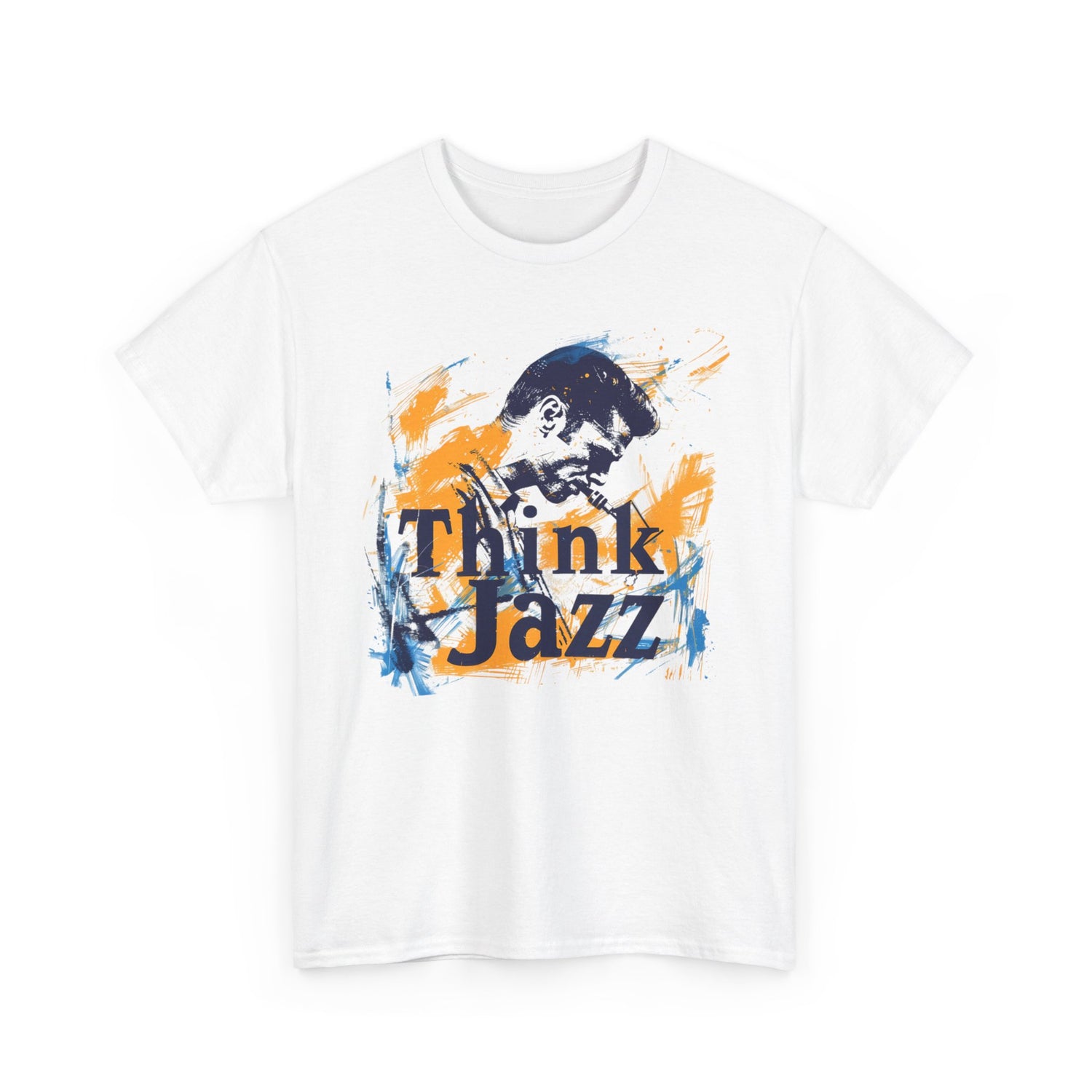 White t shirt with a blue and gold abstract design of a sax player with the words ‘Think jazz’ integrated into the design.