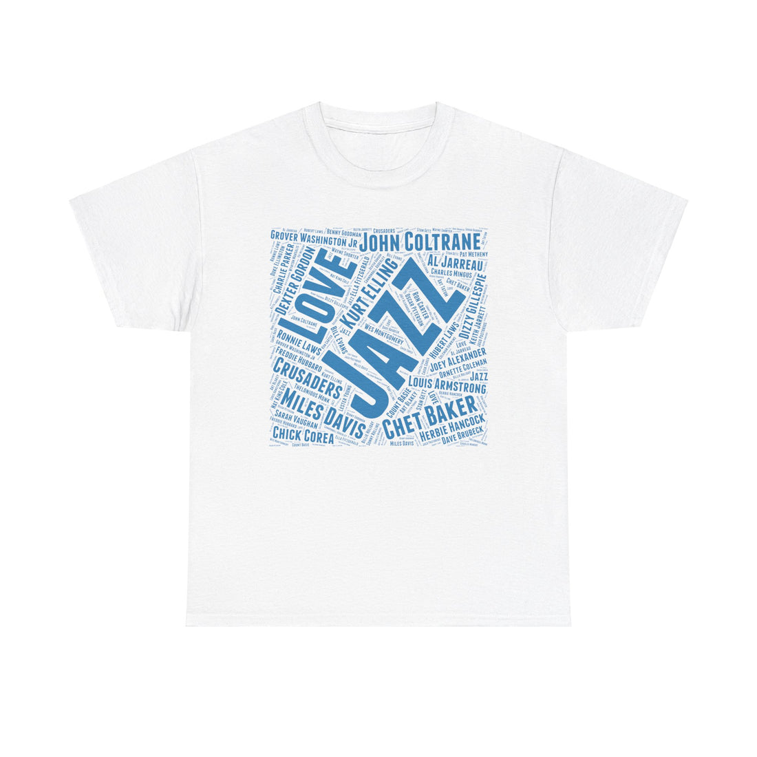 Word art shirt promoting jazz music legends with blue text