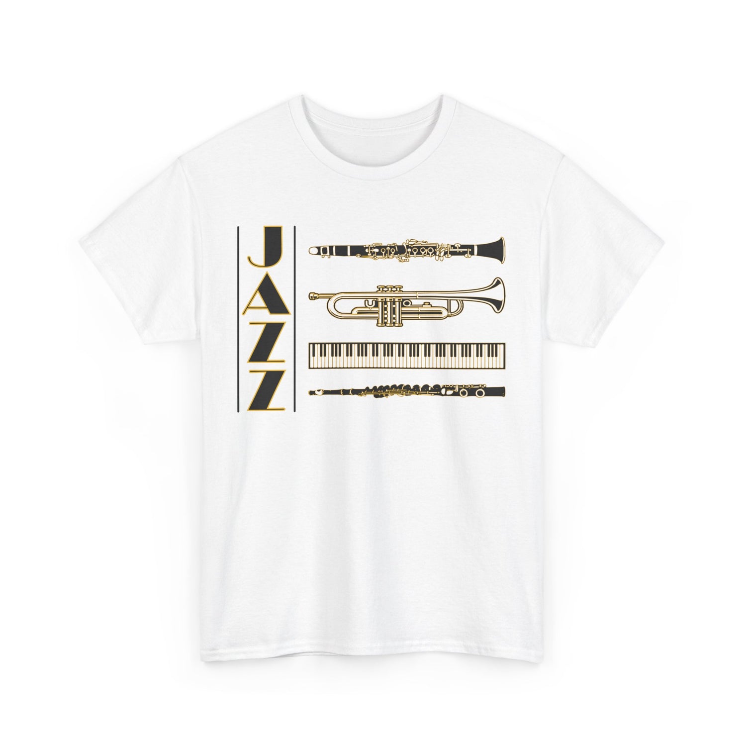 Jazz musical instruments t shirt in various colors with text saying ‘JAZZ’