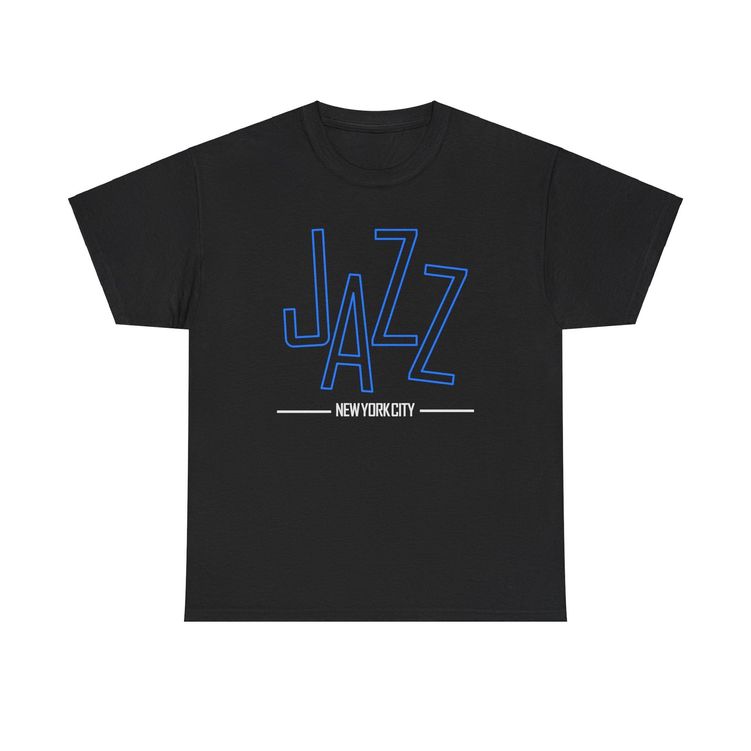 A black t shirt with an outline of the word ‘JAZZ’ in blue color. Underneath in white are the words ‘New York City’