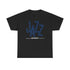 A black t shirt with an outline of the word ‘JAZZ’ in blue color. Underneath in white are the words ‘New York City’