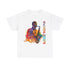 A white t shirt with multiple colored image. The text has an abstract font saying ‘Jazz Saxophone’