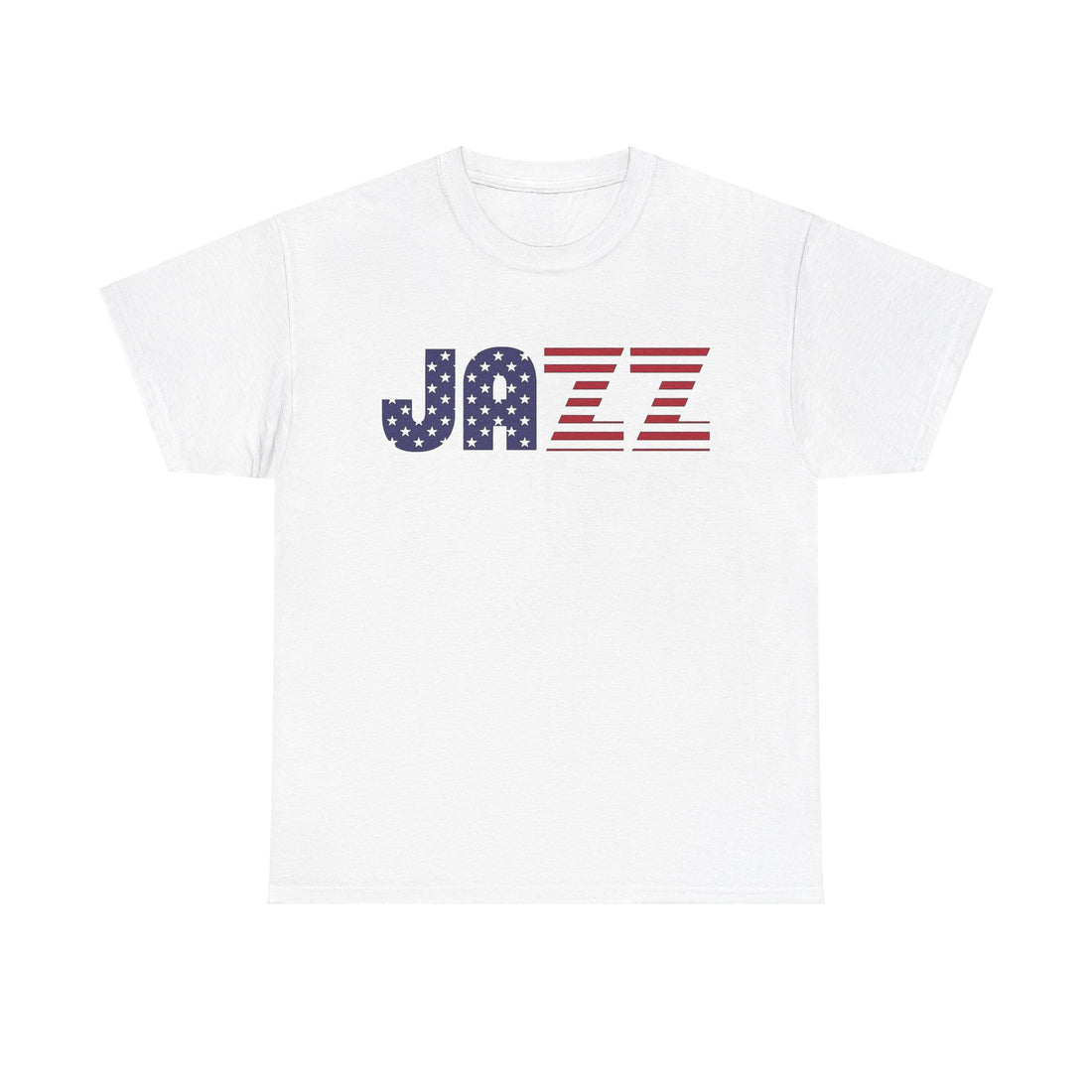 A white t shirt with an American flag imbedded into the word ’JAZZ’ 