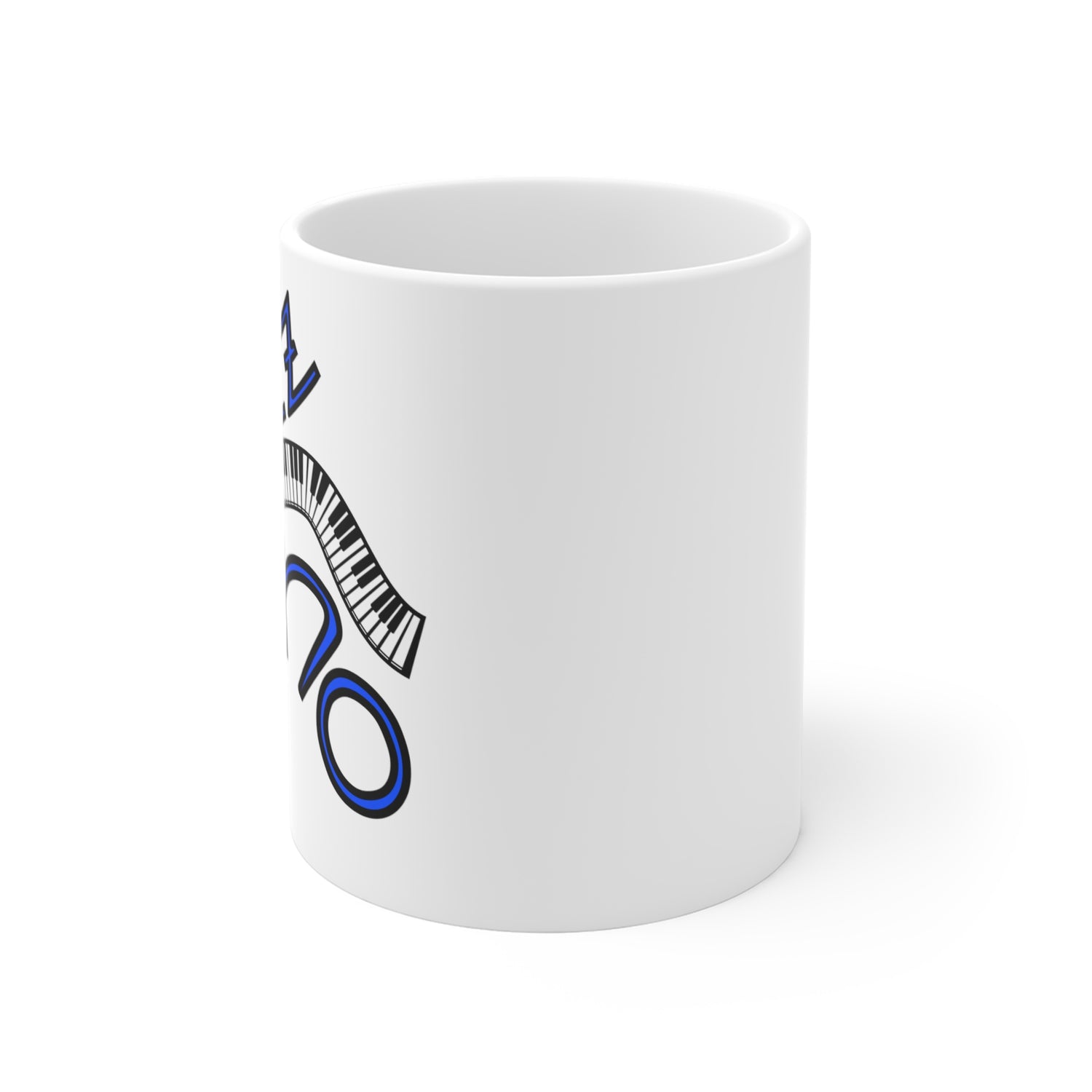 A white coffee mug with the image of a curved keyboard with text saying ‘JAZZ PIANO’