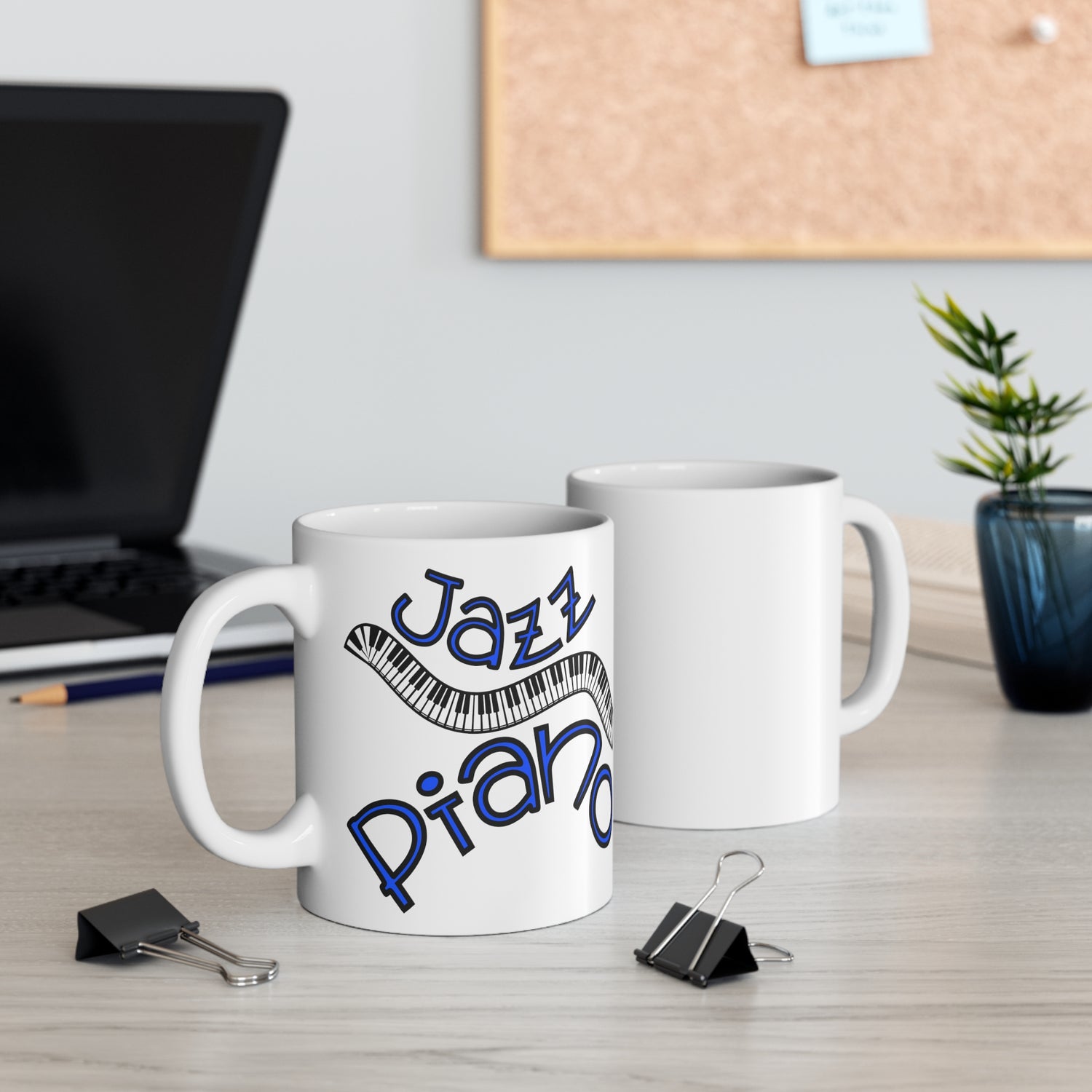 A white coffee mug with the image of a curved keyboard with text saying ‘JAZZ PIANO’