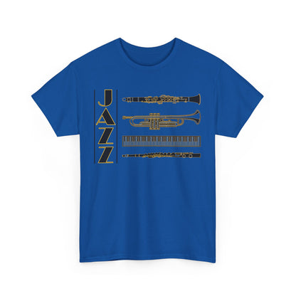 Jazz musical instruments t shirt in various colors with text saying ‘JAZZ’