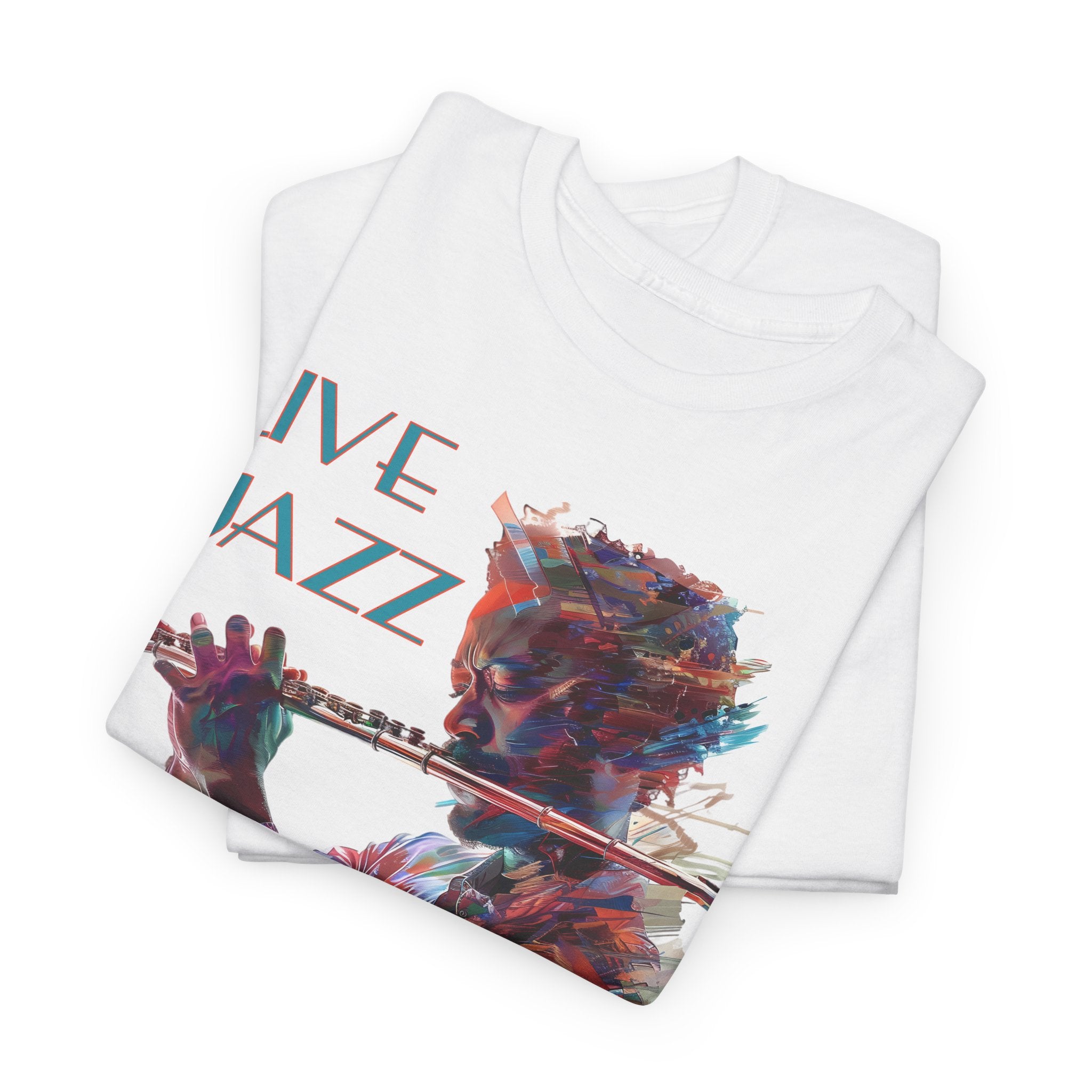 Both black &amp; white colored t shirts with a flute player image. The text over the image says ‘Live Jazz’