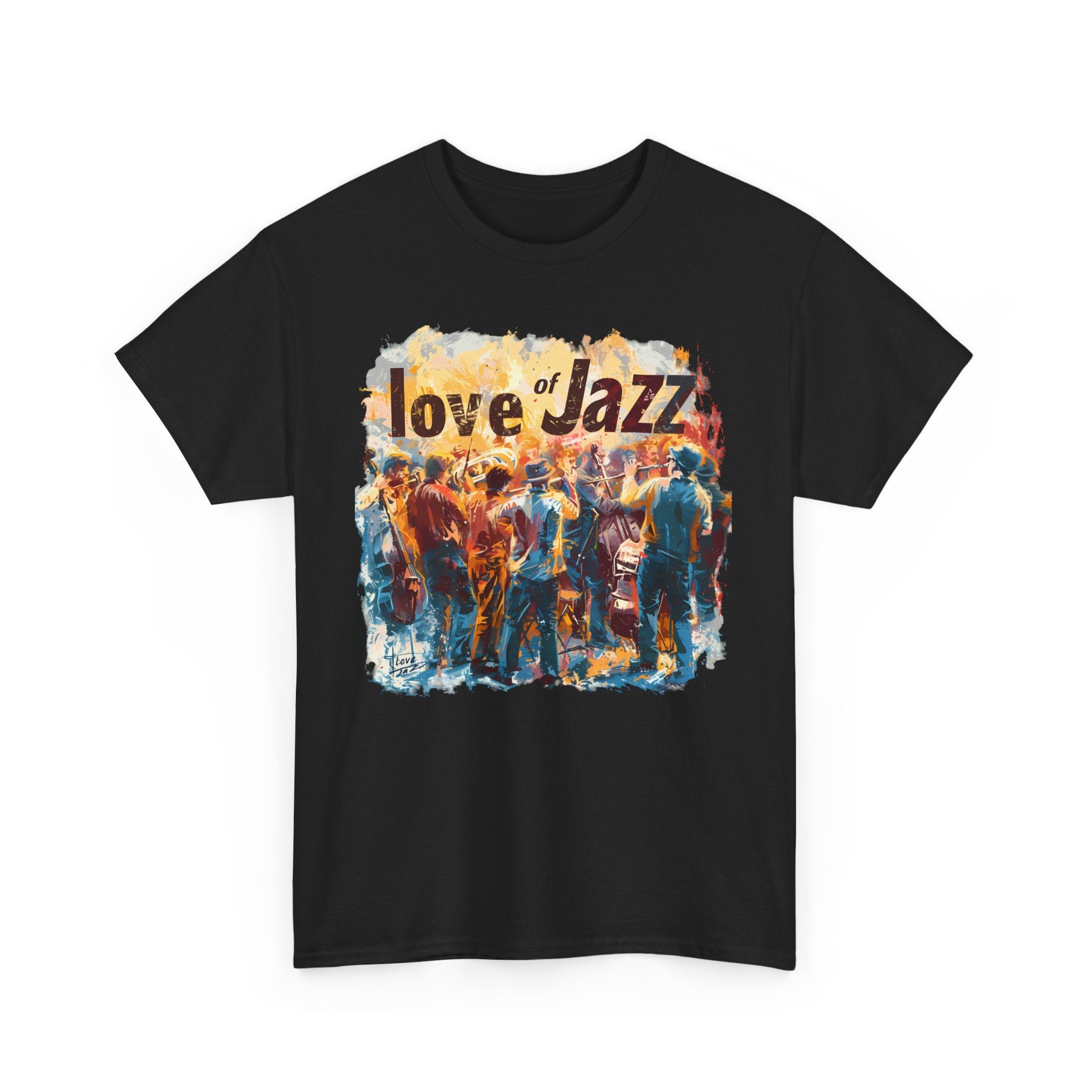 A black or white t shirt with a jazz musicians ensemble with the words ‘Love of Jazz’ over the image.