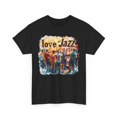 A black or white t shirt with a jazz musicians ensemble with the words ‘Love of Jazz’ over the image.