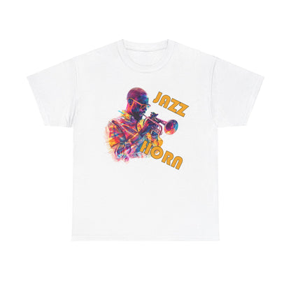 A black or white t shirt with a trumpet player in a multi colored image. The words across the image say ‘Jazz Horn’