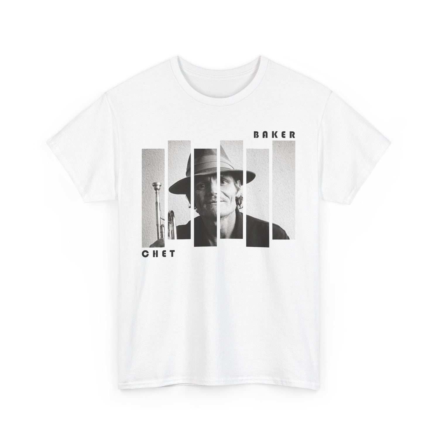 A white t shirt with a block photographic image of Chet Baker 