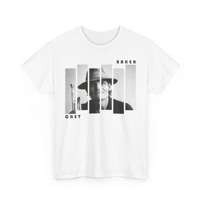 A white t shirt with a block photographic image of Chet Baker 