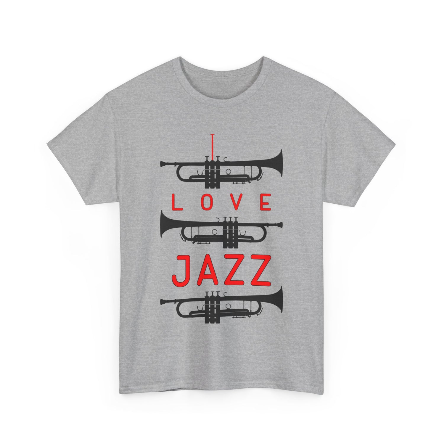 ‘I Love Jazz’ t shirt with big text and three trumpet silhouettes