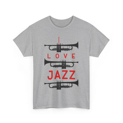 ‘I Love Jazz’ t shirt with big text and three trumpet silhouettes