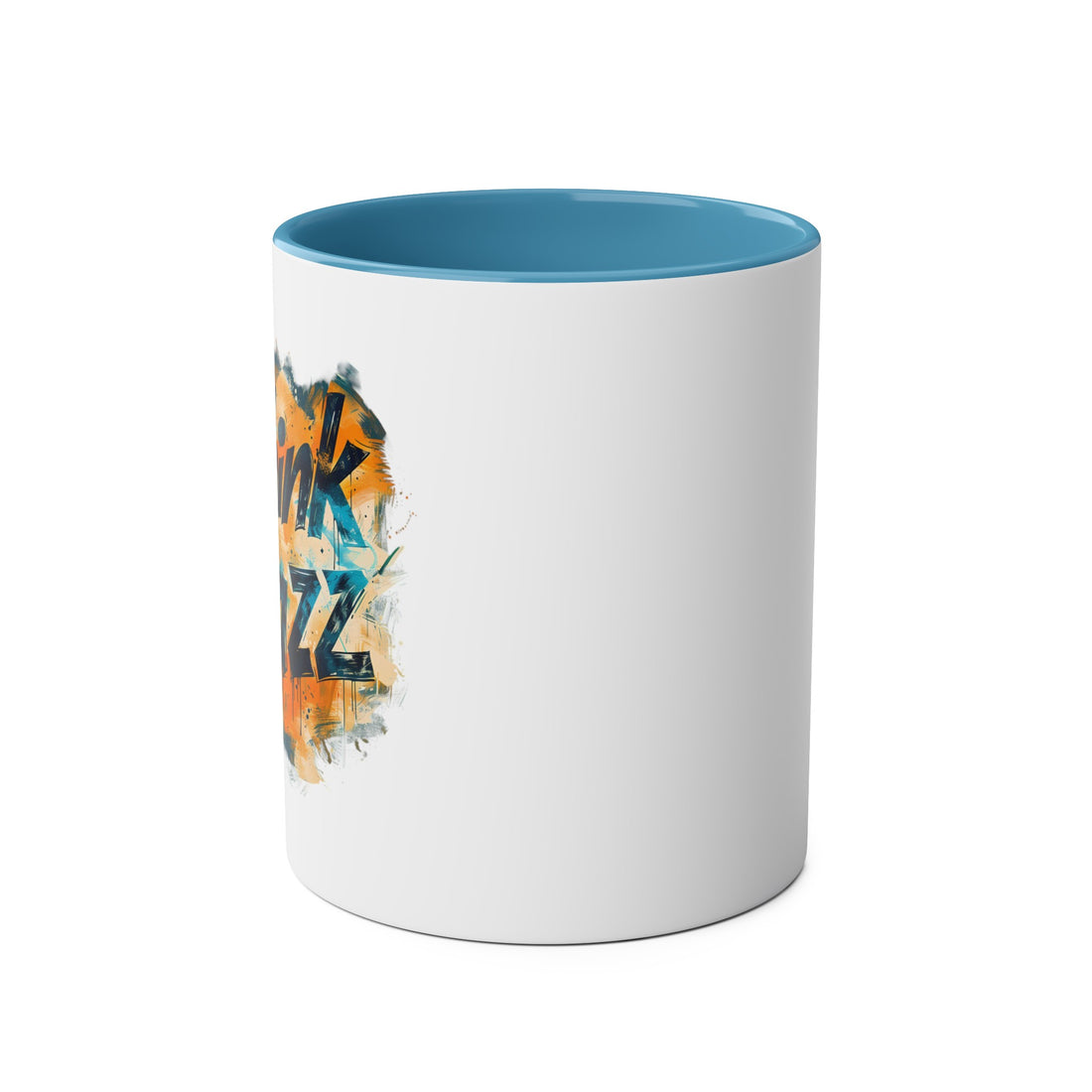 A white coffee mug with a blue interior the abstract blue and gold image says ‘Think Jazz’