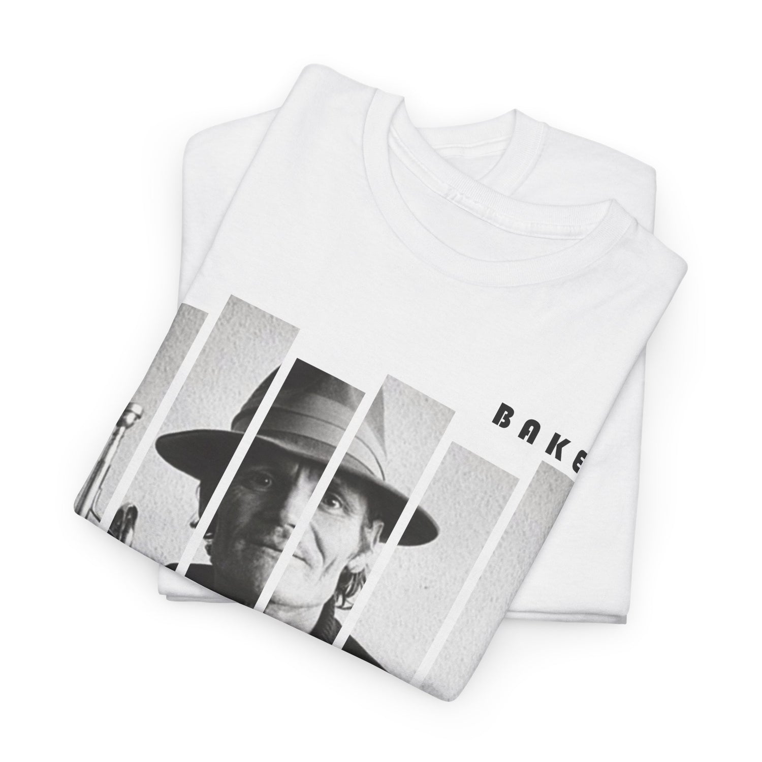 A white t shirt with a block photographic image of Chet Baker 