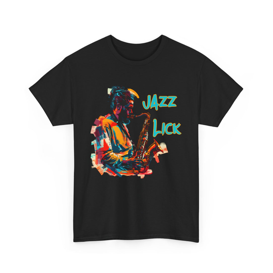 A black tee with a retro image of a jazz sax player. The text states ‘Jazz Lick’