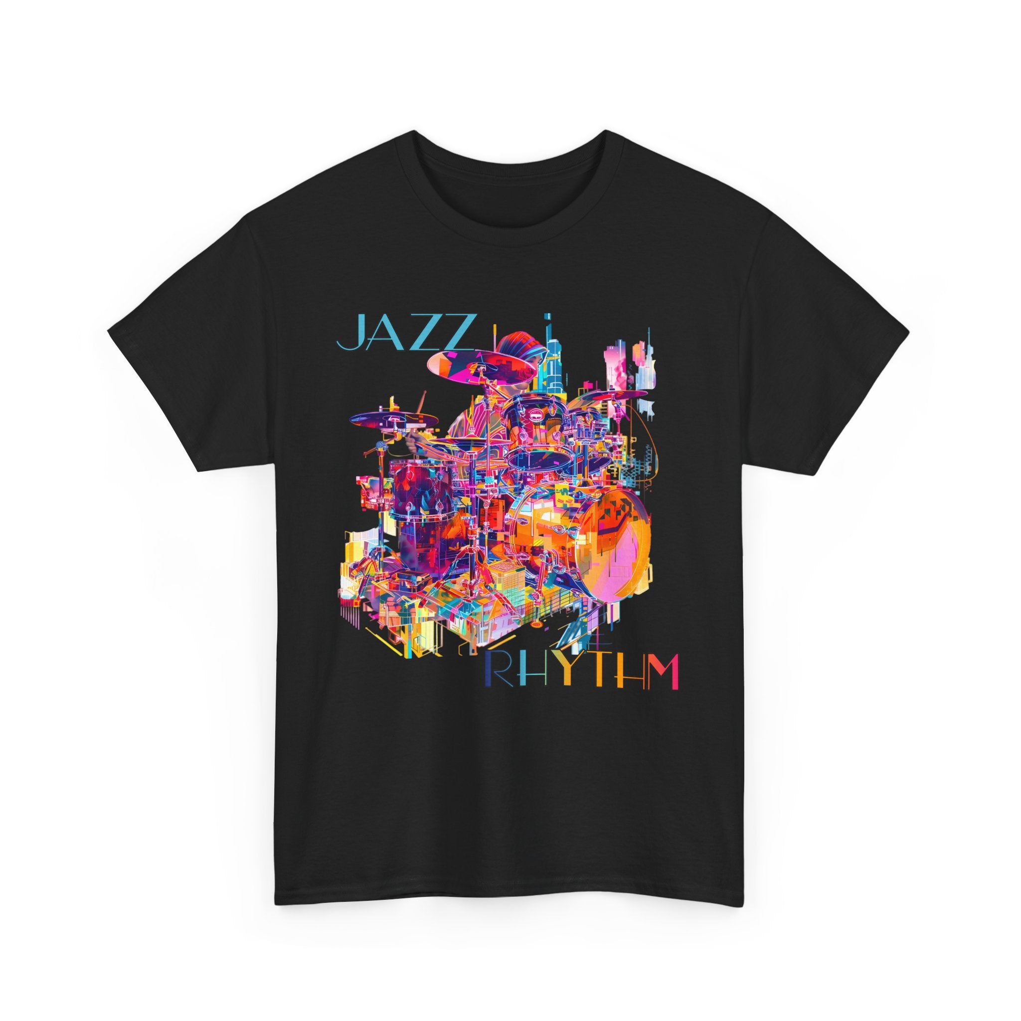 A black or white t shirt with a multi colored design of a drummer playing. The text says ‘Jazz Rhythm’