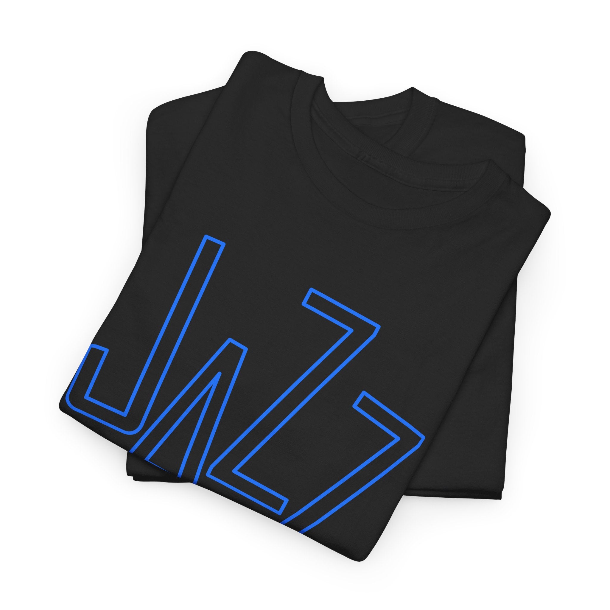 A black t shirt with an outline of the word ‘JAZZ’ in blue color. Underneath in white are the words ‘New York City’