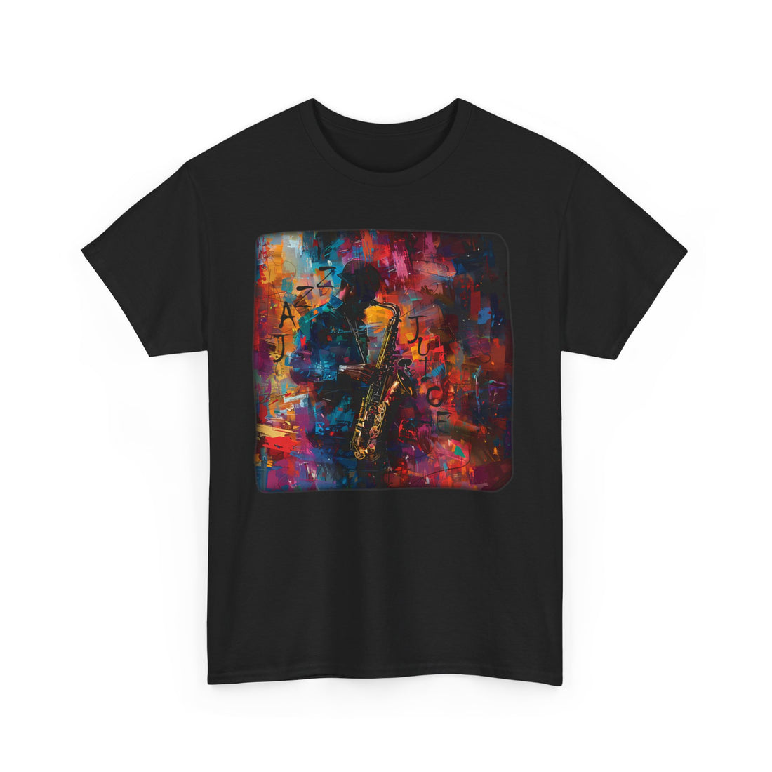 A black t shirt with a saxophonist playing his instrument. The words ‘Jazz Juice’ are embossed in an abstract font.