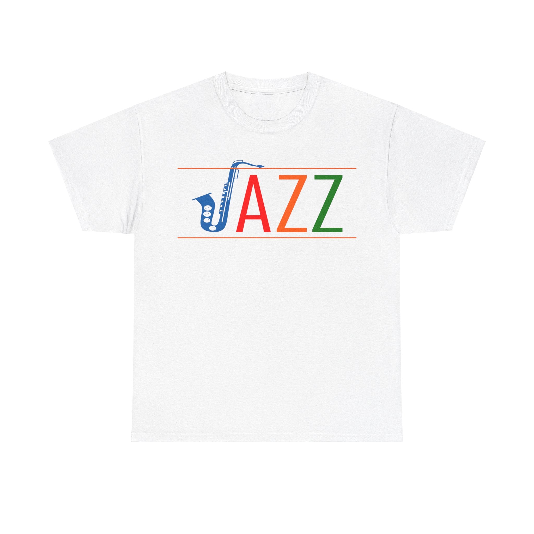 Jazz saxophone t shirt with multi colored text