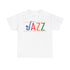 Jazz saxophone t shirt with multi colored text