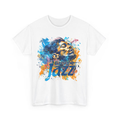 A black or white t shirt with a man looking to the sky with the words ‘Breathe Jazz’ embossed in the image.