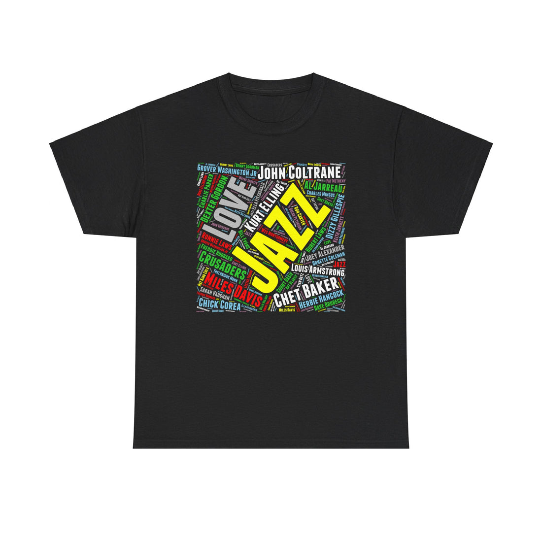 A black t shirt with multi colored word art text promoting jazz music’s great artists