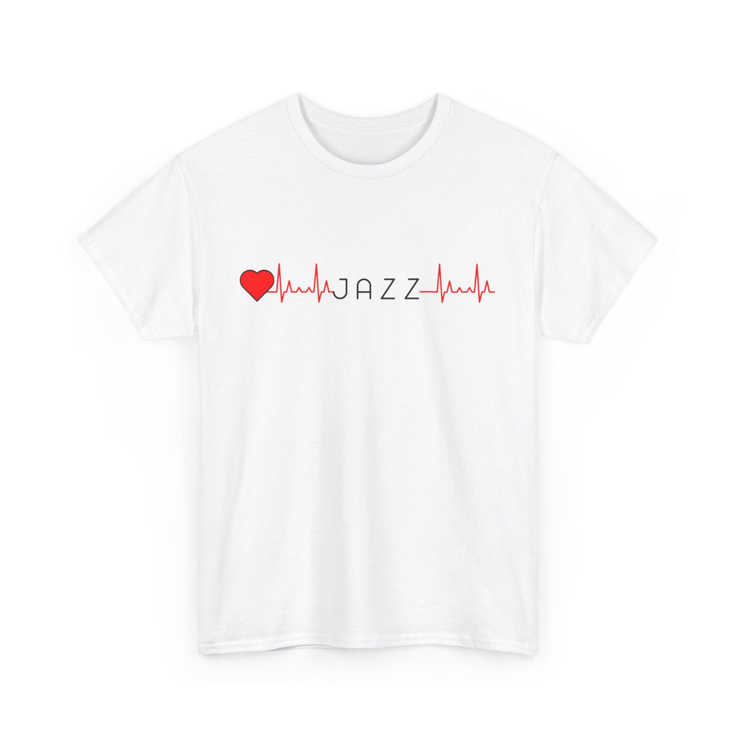 A white jazz inspired t shirt with a ‘Heartbeat Line’ design