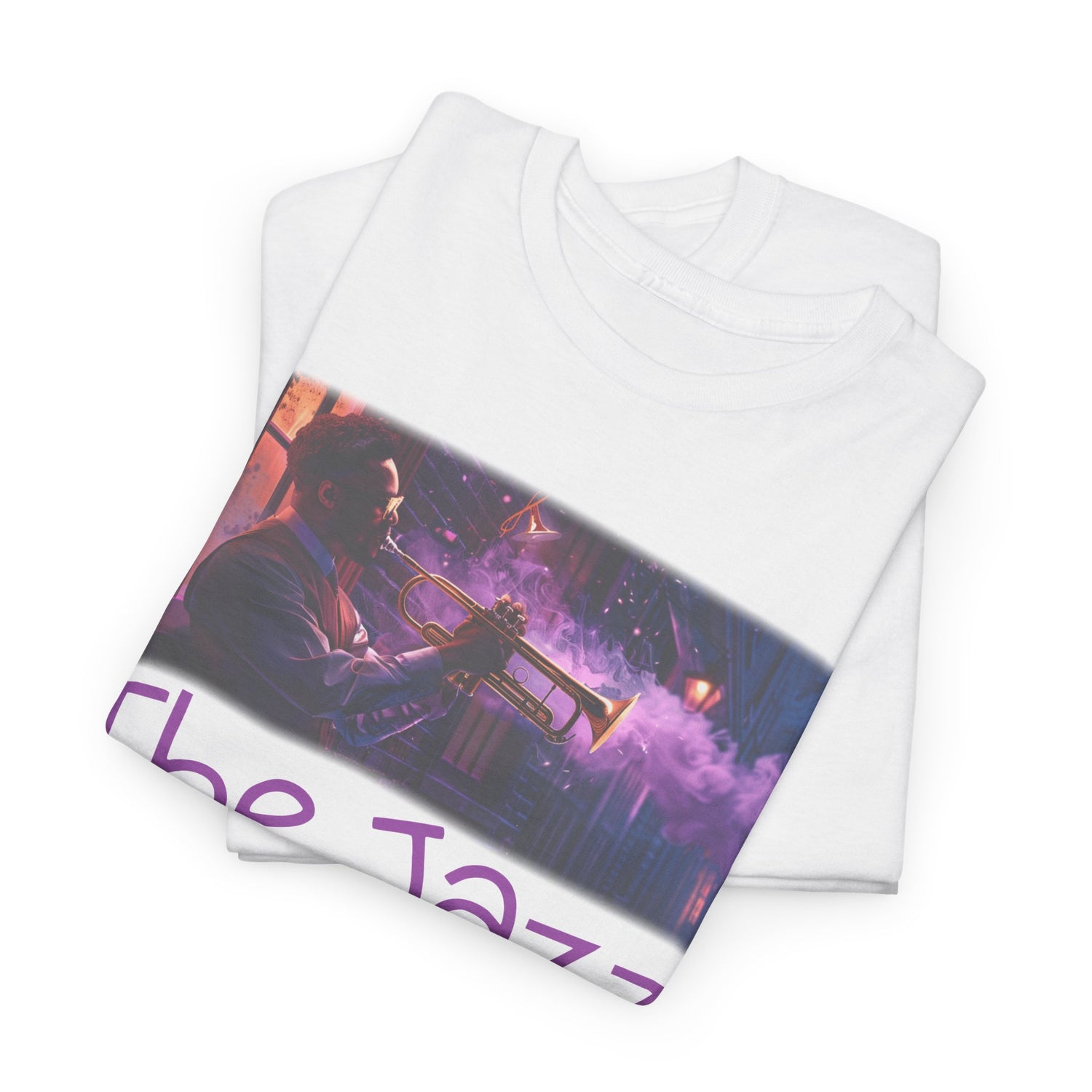 A t-shirt featuring ‘The Jazz House’ logo image of a trumpeter leaning against the wall of The Jazz House club playing, whilst purple smoke rises from his instrument. The scene is set in a dimly lit alley. The rear of the shirt has the website URL with the words ‘Jazz Clothing.’