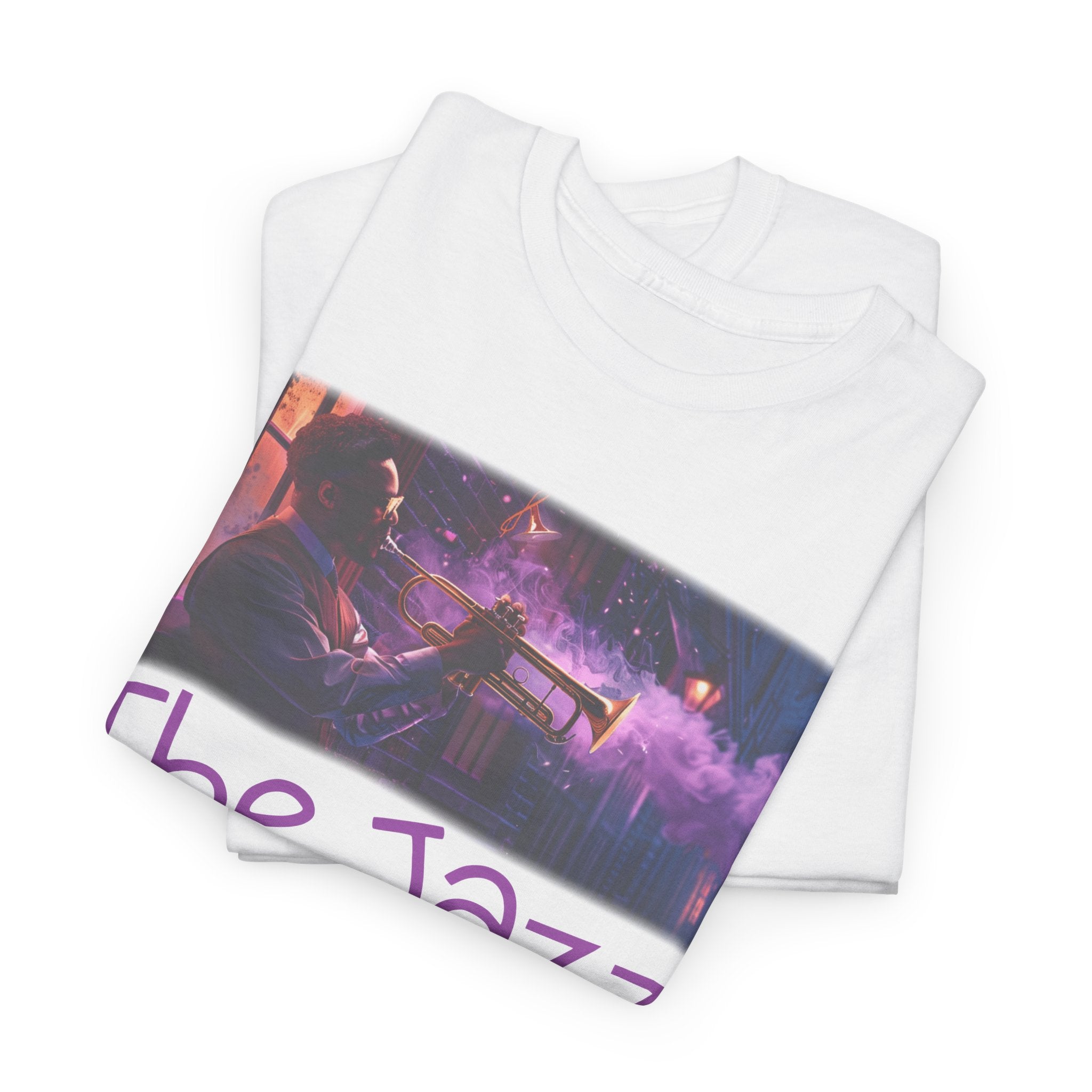 A t-shirt featuring ‘The Jazz House’ logo image of a trumpeter leaning against the wall of The Jazz House club playing, whilst purple smoke rises from his instrument. The scene is set in a dimly lit alley. The rear of the shirt has the website URL with the words ‘Jazz Clothing.’