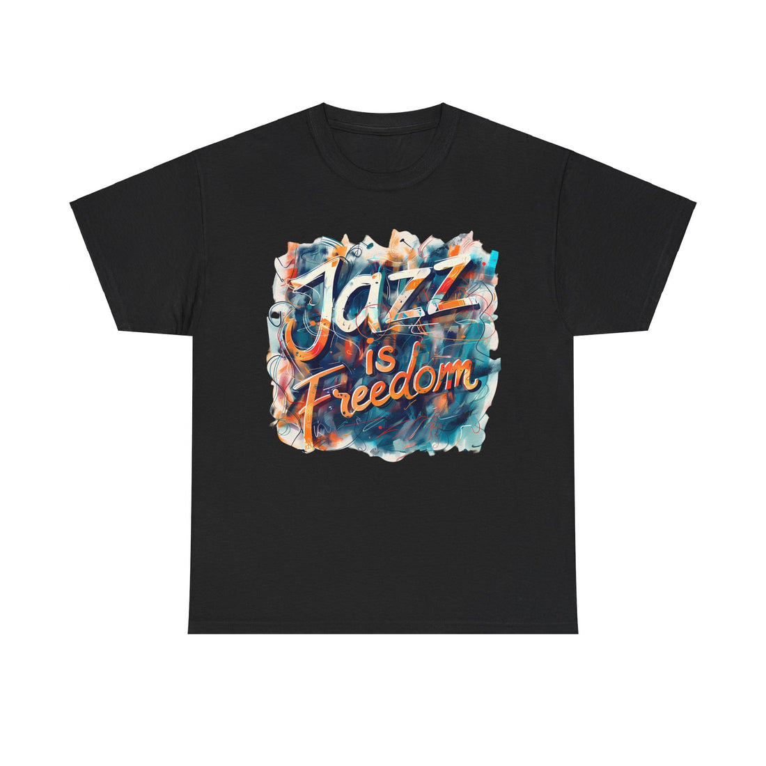 A black or white t shirt with an abstract multi colored design saying ‘Jazz Is Freedom’