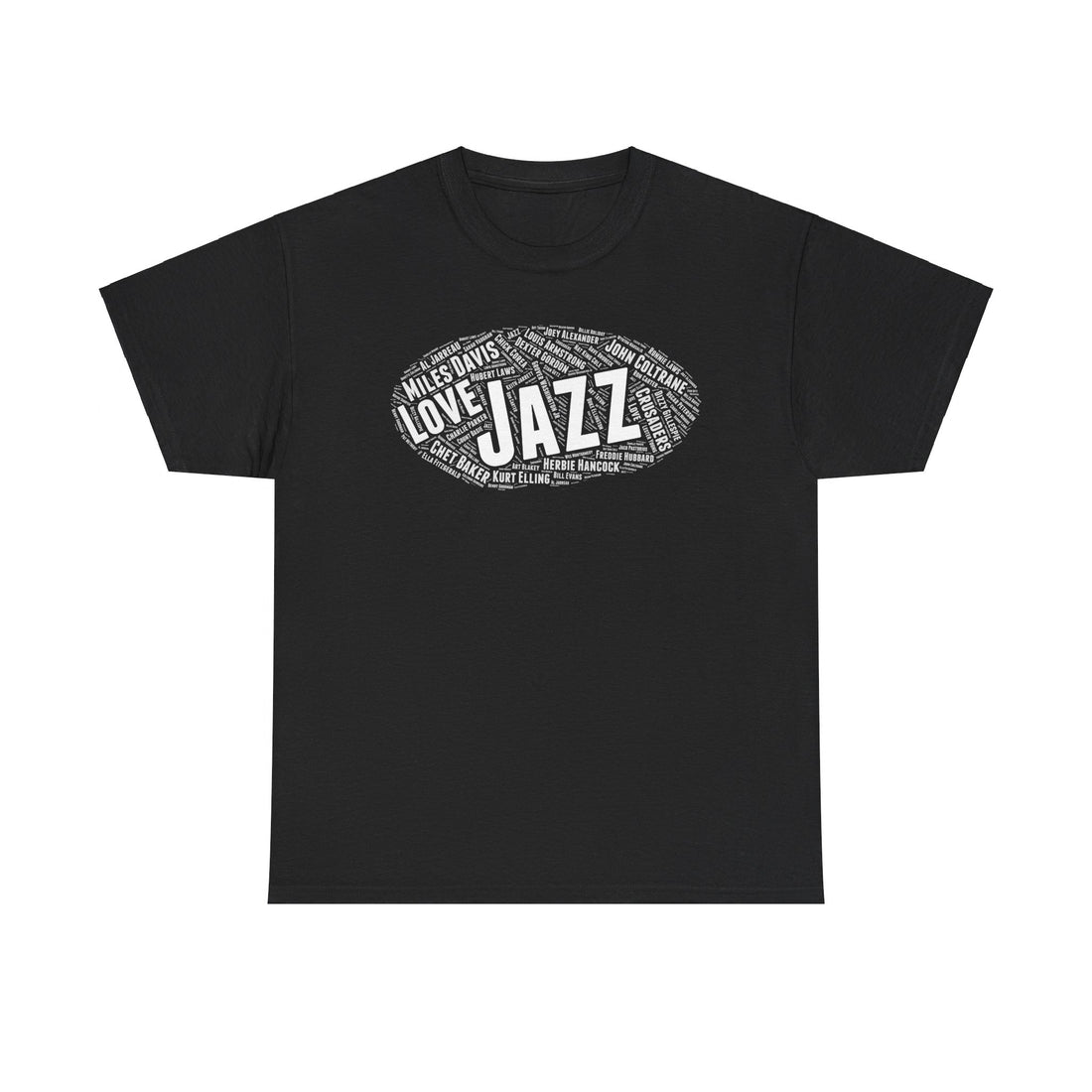 A black t shirt with white word art text in an oval shape promoting jazz music’s great artists