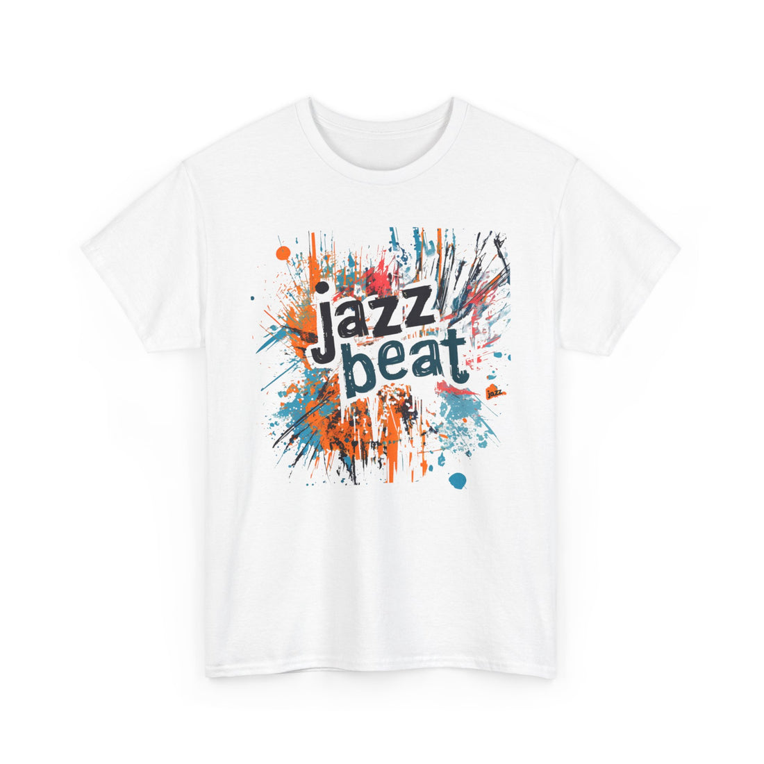 A white t shirt with an abstract blotched paint design with the words ‘Jazz Beat’ incorporated into the image.