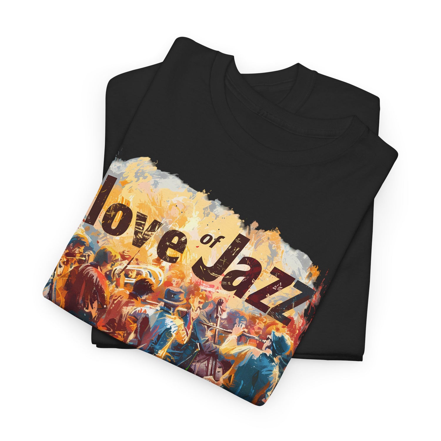 A black or white t shirt with a jazz musicians ensemble with the words ‘Love of Jazz’ over the image.