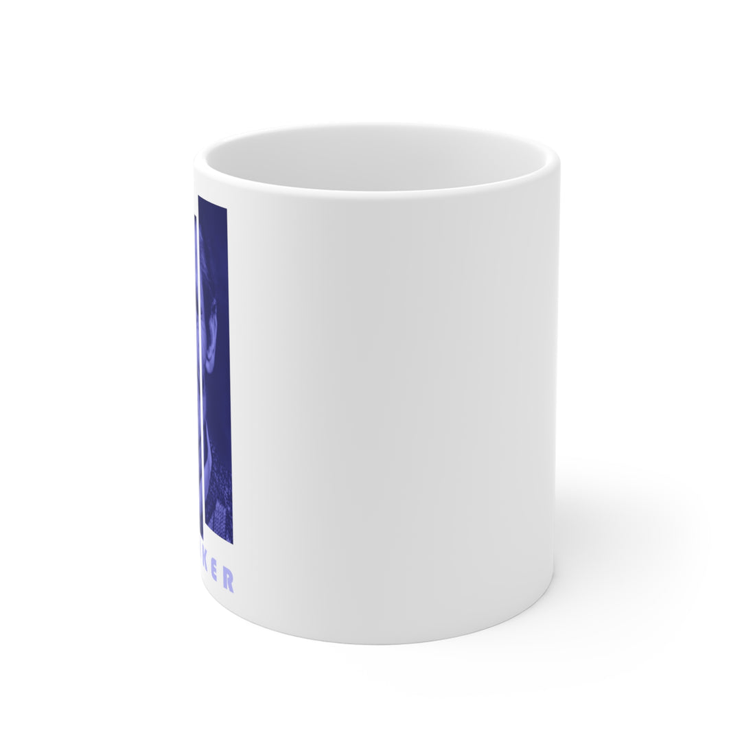 A white coffee mug with blue blocks making up the image of the jazz trumpeter Chet Baker